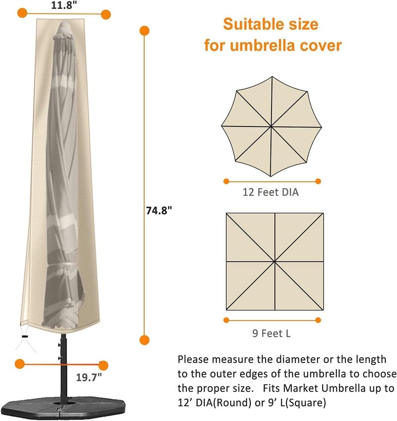 OKPOW Umbrella Cover 420D Oxford Fabric Patio Umbrella Covers Waterproof with Zip, for 9ft to 12ft Garden Outdoor Umbrella (Khaki) - Image 2